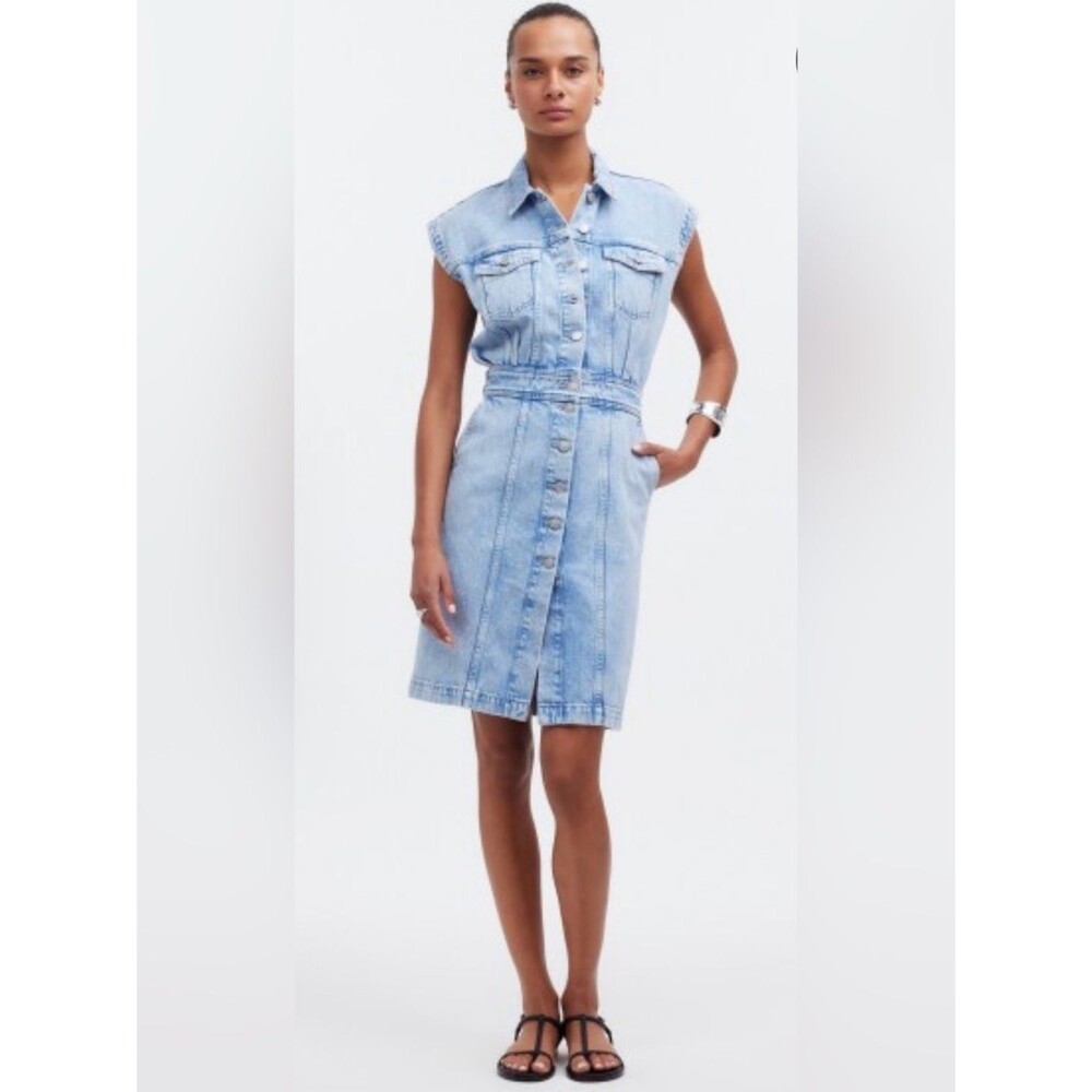 Madewell Light Blue Denim Cap Sleeve Button Front Jean Mini Shirt Dress Size 12